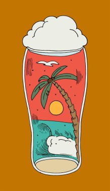 Beer glass with beach inside. Seagull flying over the wave and a palm-tree. Isolated vector illustration.
