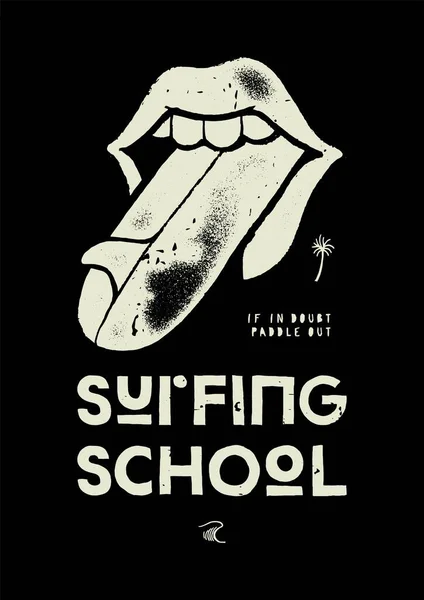 Lips Surfboard Tongue Surfing School Distressed Silkscreen Style Typography Shirt — Stock vektor