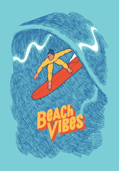 Surfer Riding Wave Beach Vibes Vintage Typography Surfing Silkscreen Summer — Stockvektor