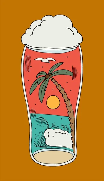 Beer Glass Beach Seagull Flying Wave Palm Tree Isolated Vector — Stockový vektor