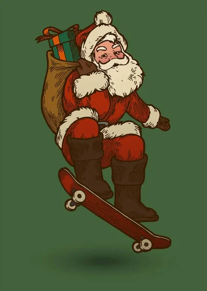 Santa Claus Skateboarding Vintage Christmas Character Street Sports Vector Illustration — Stock Vector