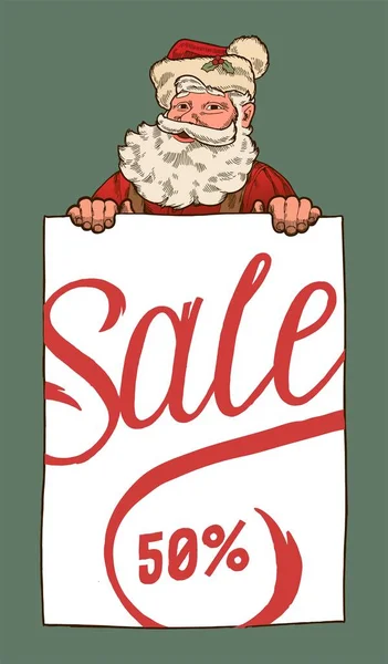 Vintage Santa Claus Holding Poster Christmas Sale Illustration — Stockvektor