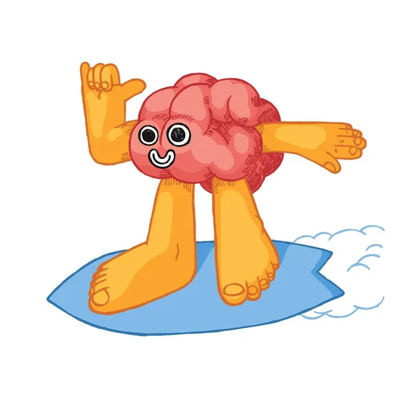 Brain Character Surfing Showing Shaka Sign Summer Sports Mental Health — Archivo Imágenes Vectoriales