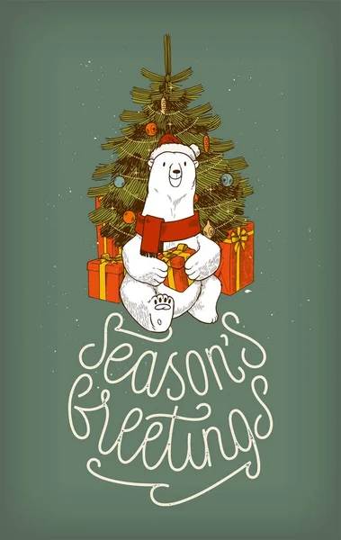 Polar Bear Christmas Cute Polar Bear Character Sitting Mas Tree — Vector de stock