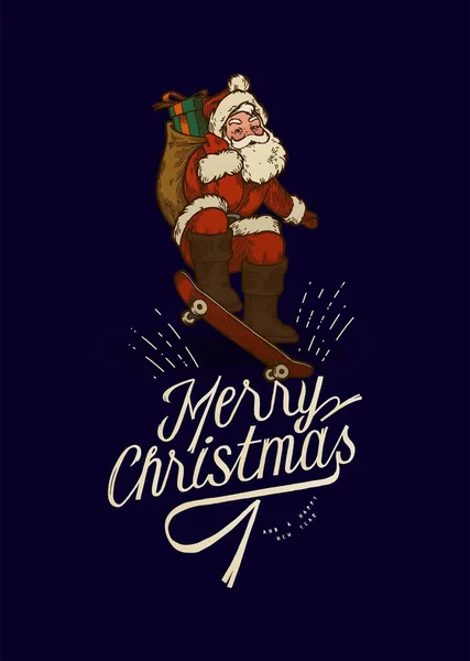 Santa Claus Skateboarding Merry Christmas Card Riding Skateboard Vintage Vector — Vetor de Stock