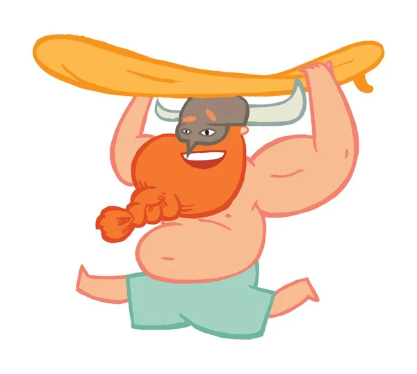 Viking Surfer Big Man Beard Helmet Running Surfboard Surfing Character — Vector de stock