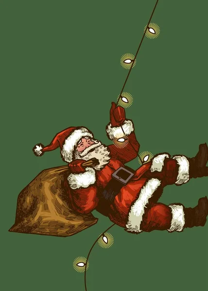 圣诞老人背着装满礼物的袋子爬上圣诞灯笼 — 图库矢量图片
