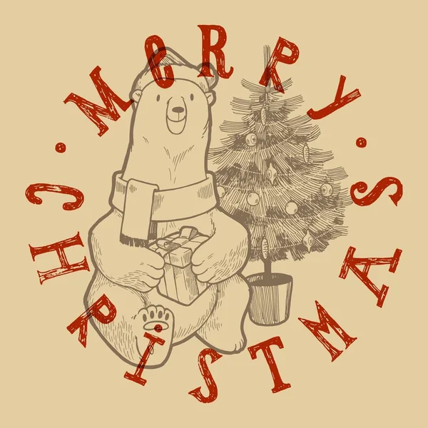 Oso Polar Con Regalo Sentado Cerca Del Árbol Navidad Feliz — Vector de stock