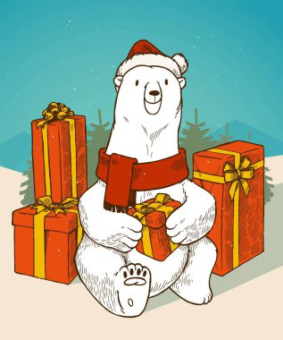 Eşarplı kutup ayısı ve Noel Baba şapkası. Etrafı klasik vektör çizimleriyle çevrili..