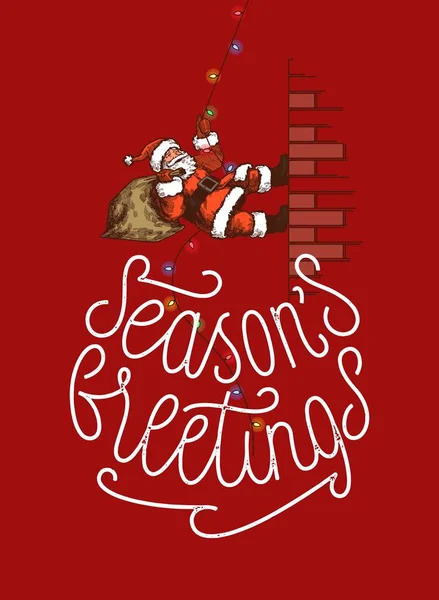 Santa Claus Escalando Luces Navidad Una Pared Ladrillo Tarjeta Felicitaciones — Vector de stock
