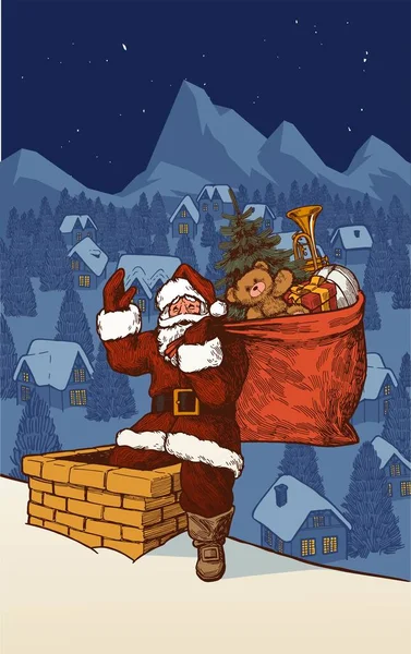Père Noël Avec Sac Plein Cadeaux Mettre Dans Cheminée Sur — Image vectorielle