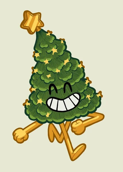 Caráter Árvore Natal Alegre Andando Com Grande Sorriso Rosto Natal — Vetor de Stock