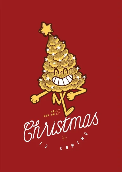 Χριστουγεννιάτικο Δέντρο Χαρούμενο Χαρακτήρα Περπάτημα Vintage Τυπογραφία Μεταξοτυπία Shirt Εκτύπωση — Διανυσματικό Αρχείο