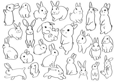 Sevimli tavşan karalama seti. Güzel küçük tavşanlar basit vektör illüstrasyonunu oluşturur.