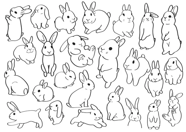 Cute Bunny Doodle Set Pretty Little Rabbits Set Simple Vector — Stock Vector