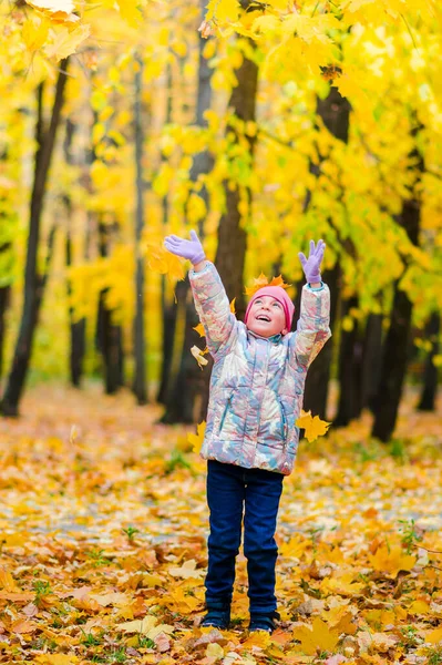 Sonbaharda şehir parkında eğlenen ve ağaçlardan düşen sarı yaprakları kusan 5 yaşında bir kız..
