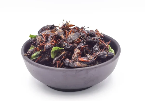 Smažený Hmyz Smažení Cvrčci Kobylkami Limetkami Kaffir Černém Šálku Samostatným — Stock fotografie