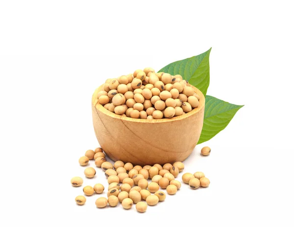 Soybean Seeds Wooden Bowl Green Leaves Isolated White Background Stock Picture