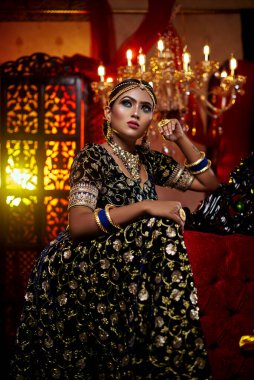 Bengali olmayan bir gelinin keman ile portresi. Zarif ve göz alıcı görünüyorsun. Mavi lehenga içinde seksi ve seksi görünüyorsun.. 