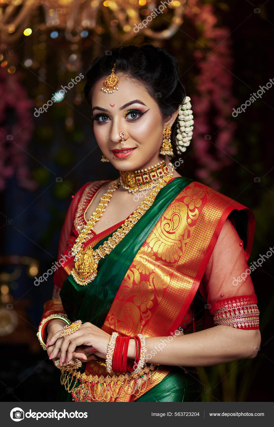 Beautiful Portrait South Indian Bride Wearing Green Saree Jewelry Pleasant Stock Photo aarnabdas01 gmail 563723204