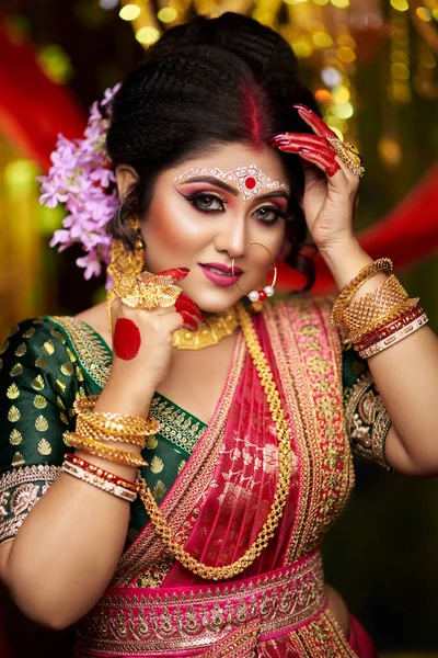 Close Portrait Beautiful Bride Saree Gold Jewelry Having Superb Expression — ストック写真