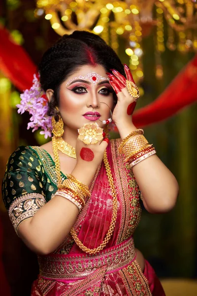 Egy Közeli Kép Egy Gyönyörű Menyasszonyról Száriban Arany Ékszerekben Kiváló — Stock Fotó