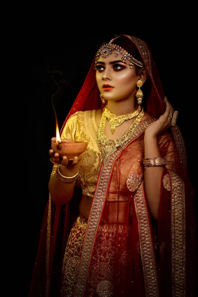 Happy Dipawali Dewali Sparkling Celebration Indian Festival Hindu Ritual Lady ストックフォト