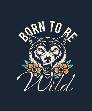 Illustration of Wolf and Beautiful Flower for T-shirt and other