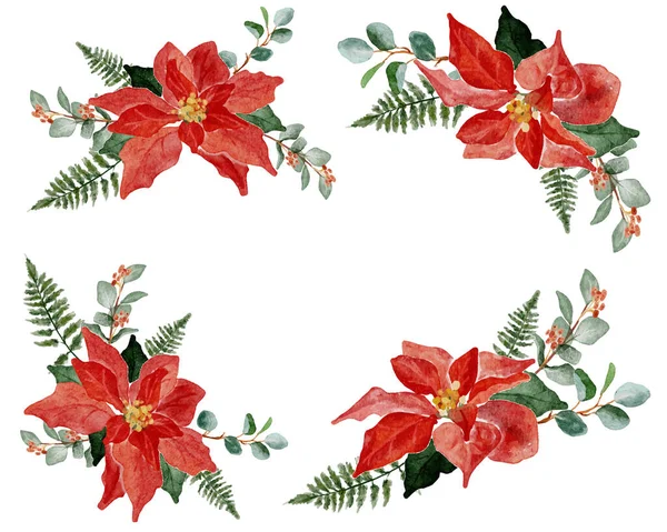 Acuarela Navidad Poinsettia Flores Ramo Elementos Colección — Vector de stock