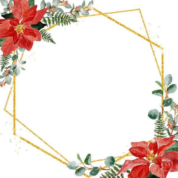 Acuarela Navidad Poinsettia Flores Ramo Marco Corona Con Brillo Oro — Vector de stock