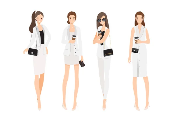 Mujer Traje Trabajo Blanco Negro Colección Estilo Plano — Vector de stock