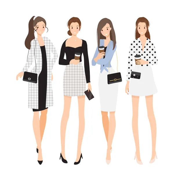 Fashionable Woman Black White Working Outfit Flat Style Cartoon Collection — Stock Vector