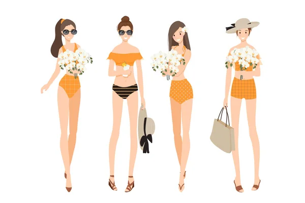 Mulheres Elegantes Muito Jovens Usam Verão Laranja Swimsuit Coleção Estilo —  Vetores de Stock