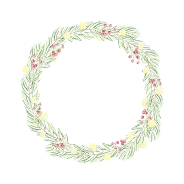 Watercolor Christmas Green Leafs Yellow Light Bulb Wreath — Stock Vector