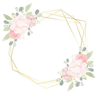 El çizimi suluboya pembe güller ve altın geometrik çerçeve çelenkli şakayık buket 