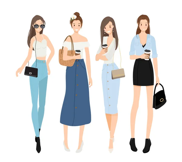 Sıradan kot elbiseli kadın koleksiyonu beyaz arka plan moda kavramında izole edilmiş.