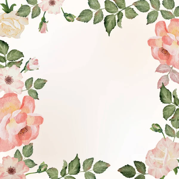 Aquarell Blühende Rose Zweig Blume Strauß Kranz Rahmen Quadrat Banner — Stockvektor