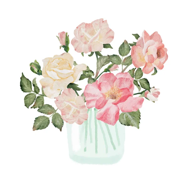 Aquarell Handgezeichnet Rosa Wildrose Strauß Glas Isoliert Auf Weißem Hintergrund — Stockvektor