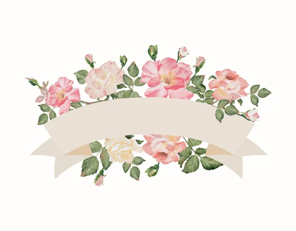 Aquarell Rose Blumenstrauß Mit Band Banner Hintergrund Cliparts Digitale Malerei — Stockvektor