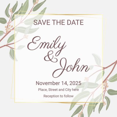 Düğün davetiyesi veya logo için asgari el çizimi okaliptüs çelengi çerçevesi