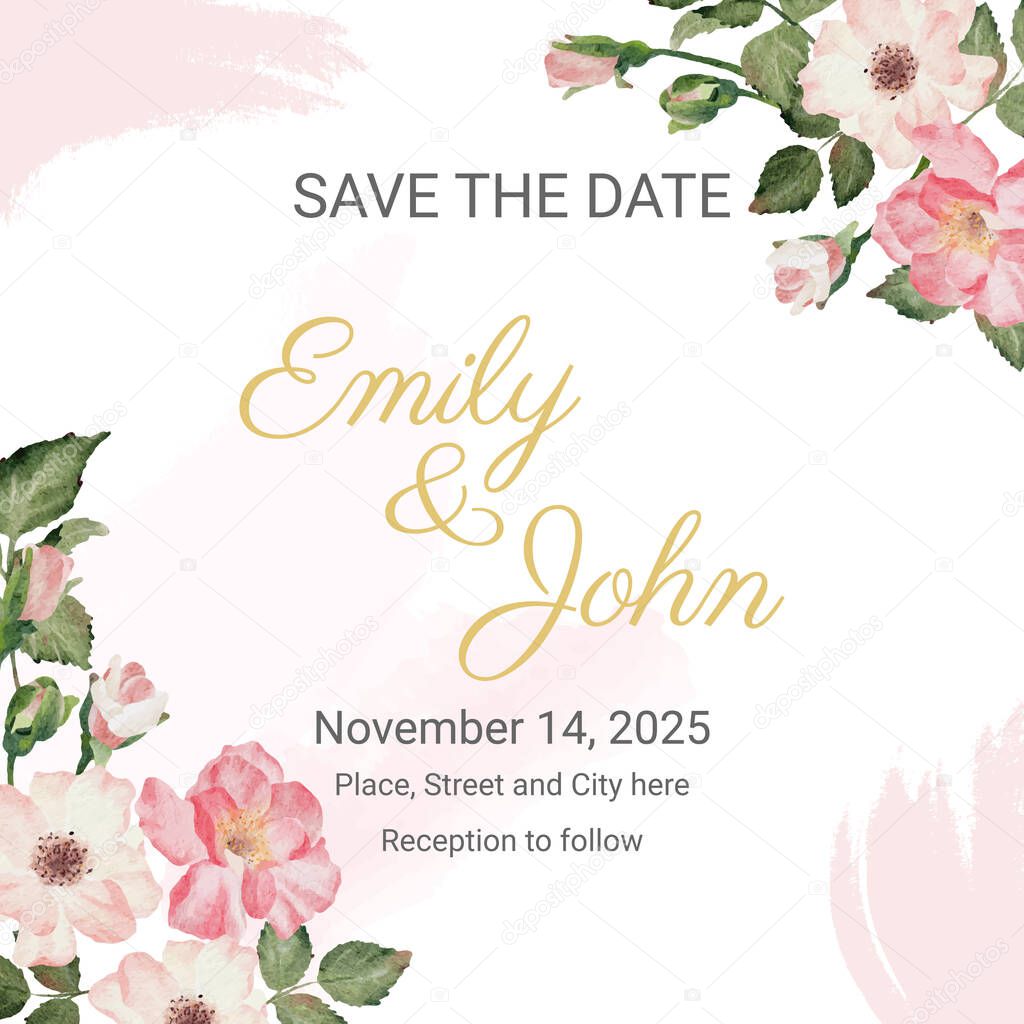 watercolor english rose with golden luxury square frame for social media or wedding invitation card template