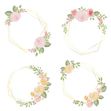 bol suluboya renkli güller ve altıgen altın çerçeveli yabani çiçek buketi