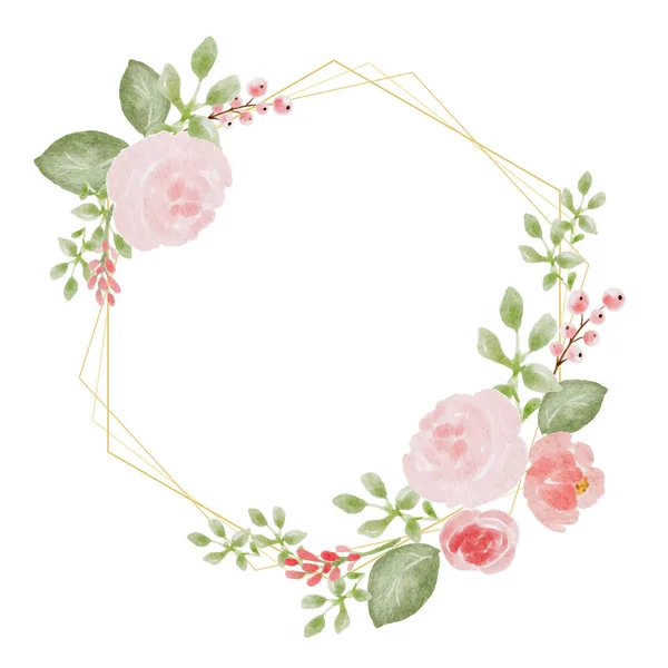 色彩艳丽的松软玫瑰和六边形金框野花花环 — 图库矢量图片