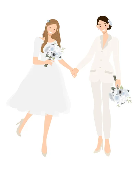 Lesbisches Hochzeitspaar Weißen Anzughosen Und Brautkleid Hält Händchen — Stockvektor