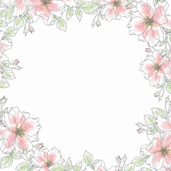 Doodle Line Art Rose Flower Bouquet Wreath Frame Square Background — Vetor de Stock