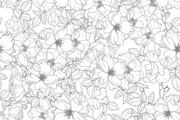 Monochrome Doodle Line Art Rose Flower Bouquet Repeat Seamless Pattern — Stockový vektor