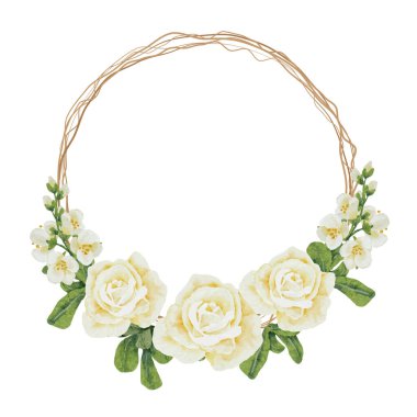 beyaz gül buketi kuru dal çelenk çerçeve vektörü beyaz arkaplanda izole