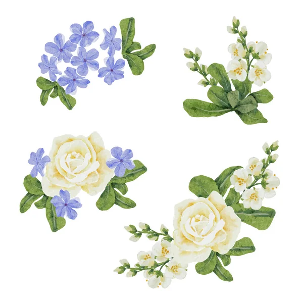 Акварель Красивая Белая Роза Голубой Plumbago Auriculata Цветочный Букет Коллекции — стоковый вектор