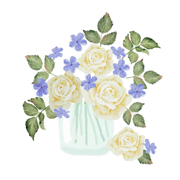 Aquarell Weiße Rose Und Plumbago Blumenstrauß Anordnung Glas Cliparts Isoliert — Stockvektor