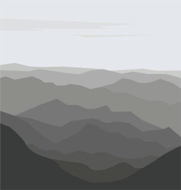 Bir manzaranın vektör görüntüsü. Dağlar ve tepeler yükseklikte. Panorama. Tek renkli gri renkler. Elle çizilmiş. Posterlerin, kartpostalların, davetiyelerin, tatil süslemelerinin, dekorların, tekstil ürünlerinin tasarımı.